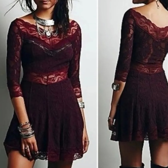 Free People Dresses & Skirts - Free People Lacey Affair mini dress plum burgundy size M